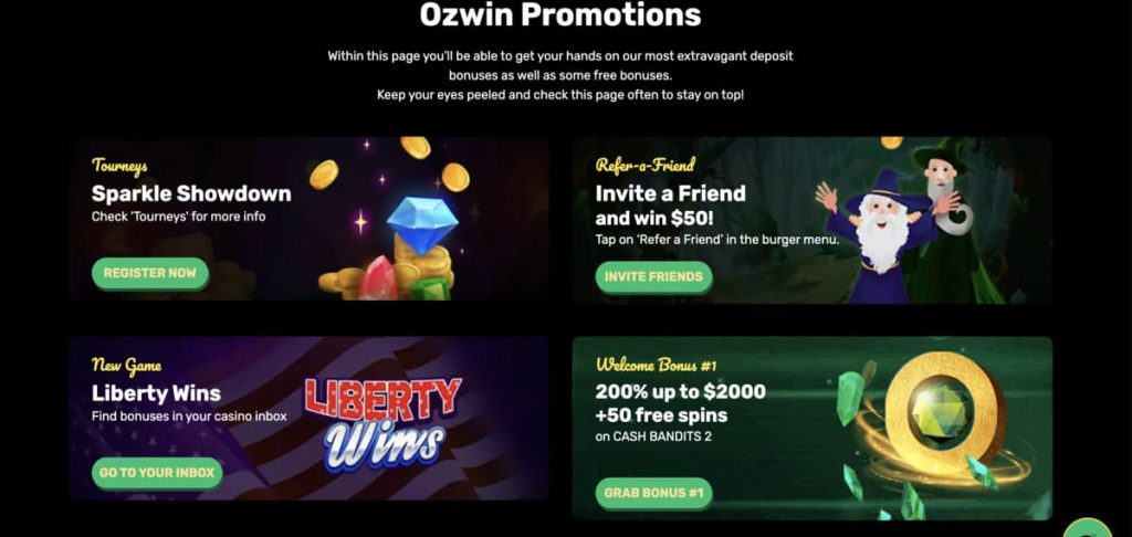 Ozwin Casino promotions and bonuses page